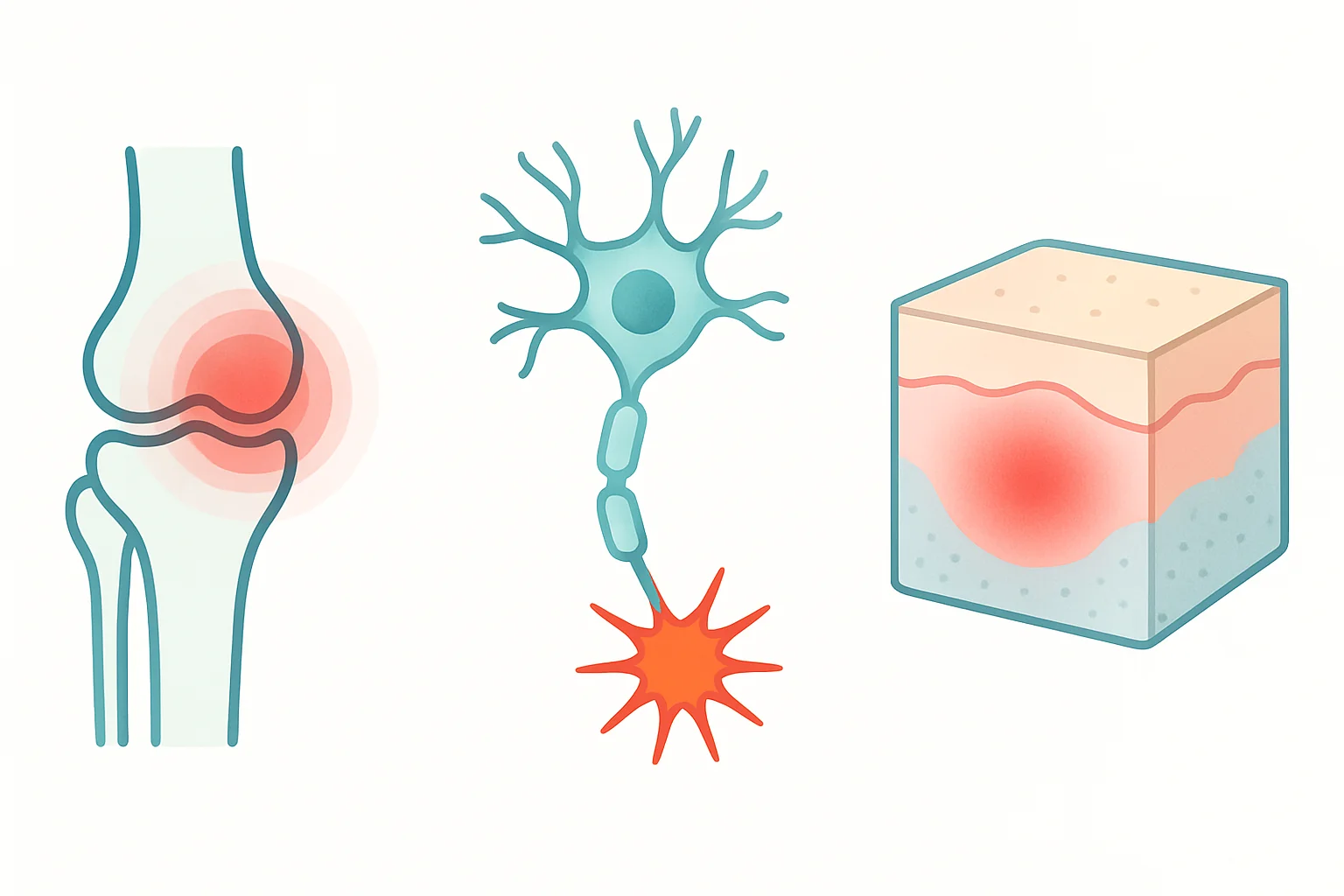 Tres tipos de dolor que el CBD puede aliviar: nociceptivo (articulación), neuropático (nervio) e inflamatorio (tejido)